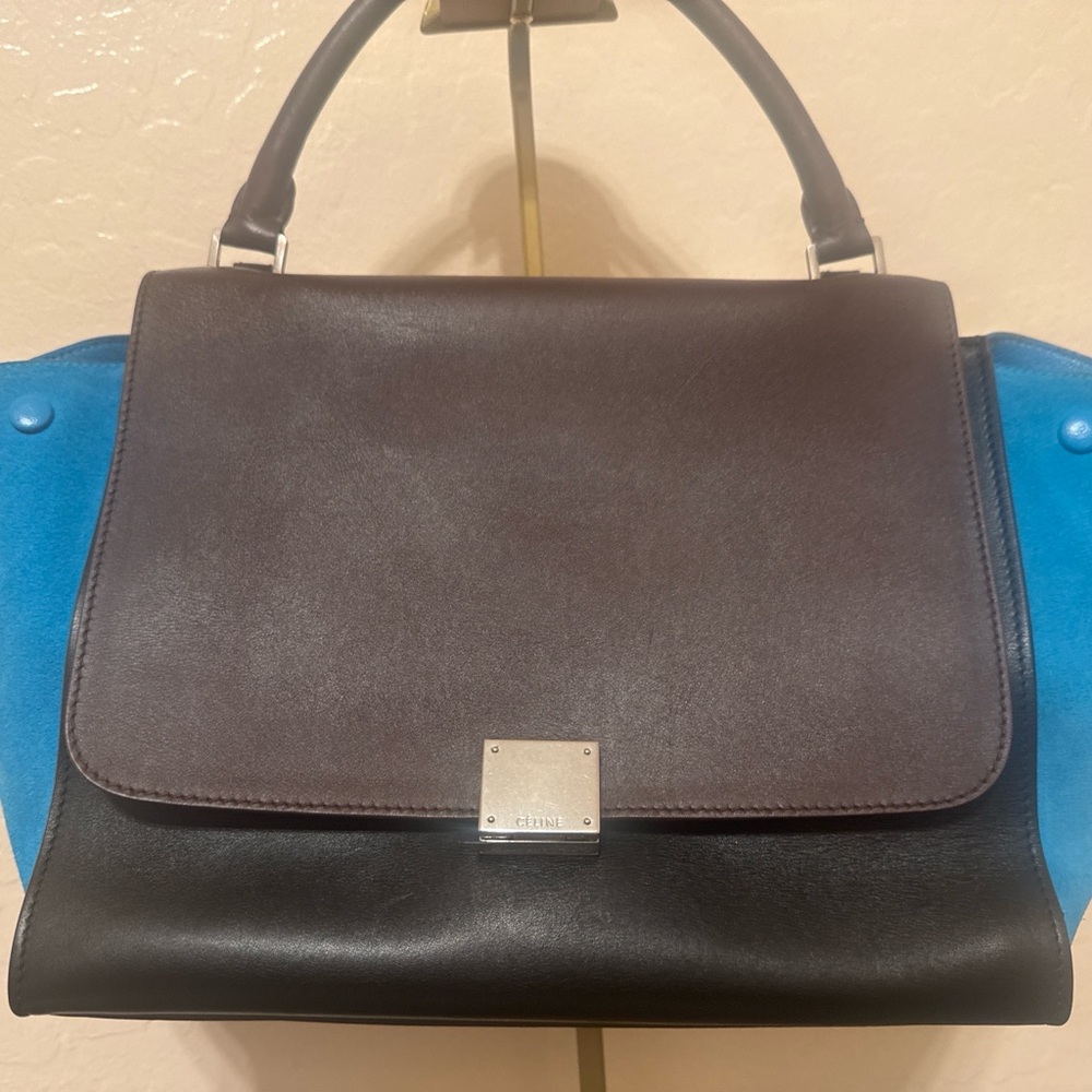 Authentic Céline Trapeze Bag   Brown/Black with Blue Suede Wings Medium Size